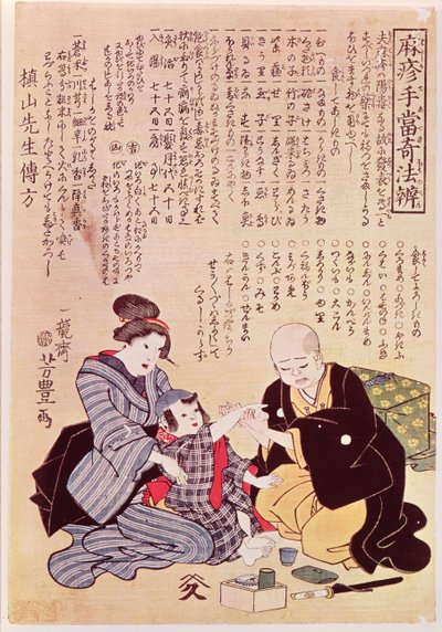 中日生理学の規則に従って、子供が両手で脈を感じる医師 作： Yoshitoyo